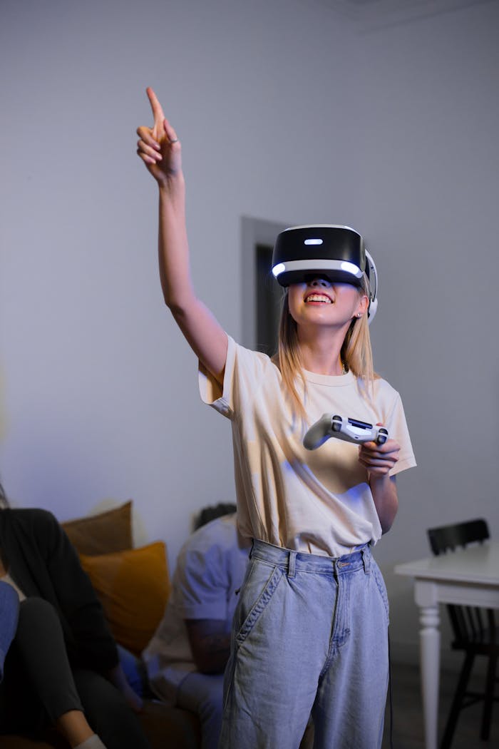 Young woman enjoying virtual reality experience with headset and controller in a cozy living room.